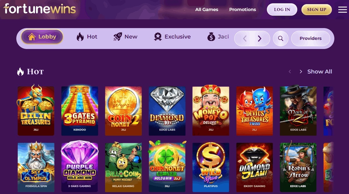 Games lobby available at Fortune Wins casino, with category bar and hot games